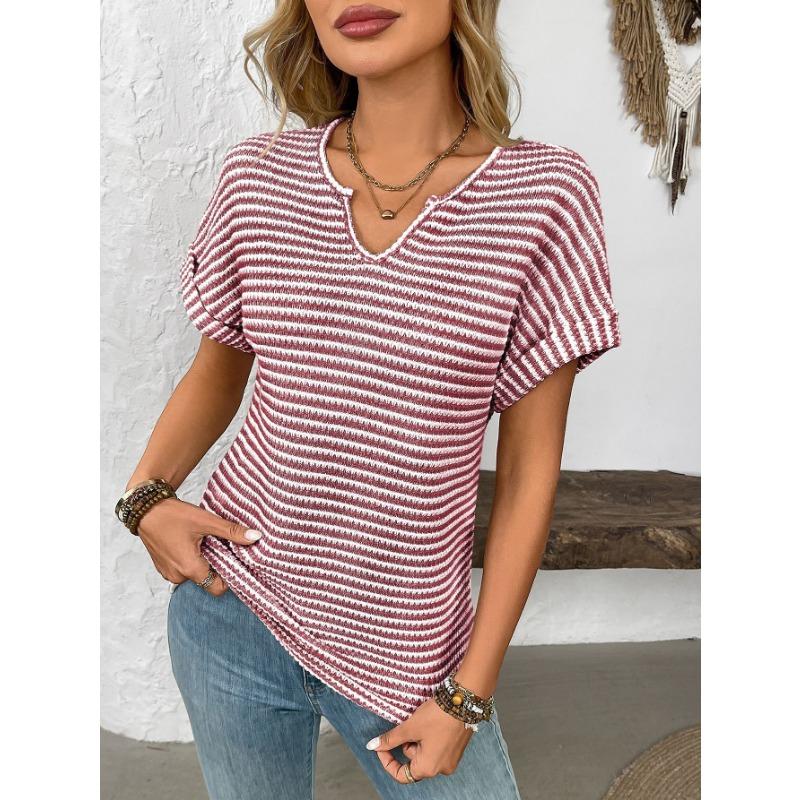 Summer New Women's V-neck Short-sleeved Loose Striped Casual Pullover T-shirt