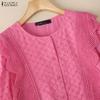 ZANZEA Women Casual Round Neck Patchwork Crochet Loose Short Sleeve Blouse