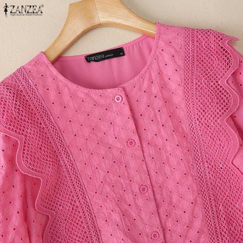ZANZEA Women Casual Round Neck Patchwork Crochet Loose Short Sleeve Blouse