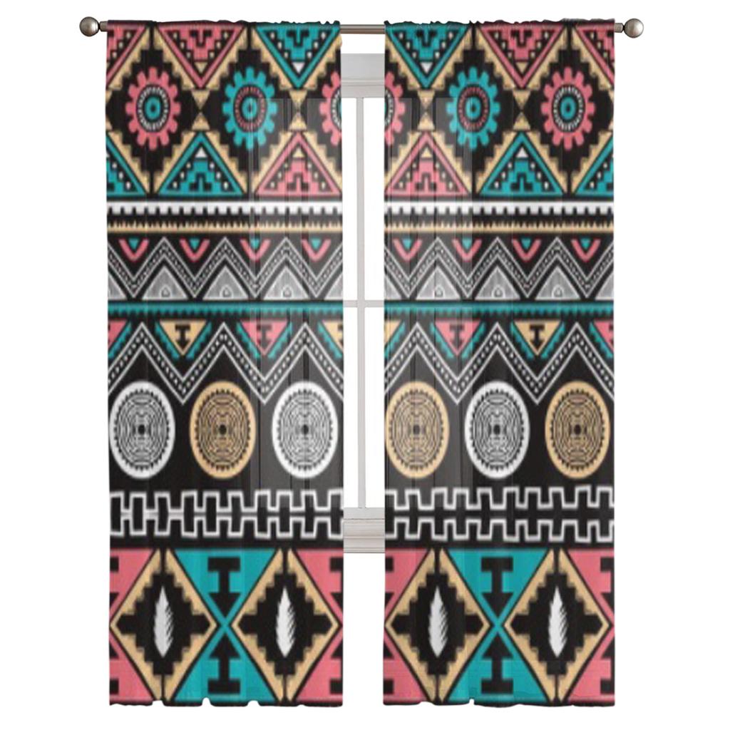 Color Ethnic Pattern Theme Art Tulle Sheer Curtains for Living Room the Room Bedroom Kitchen Decoration Voile Organza Curtains