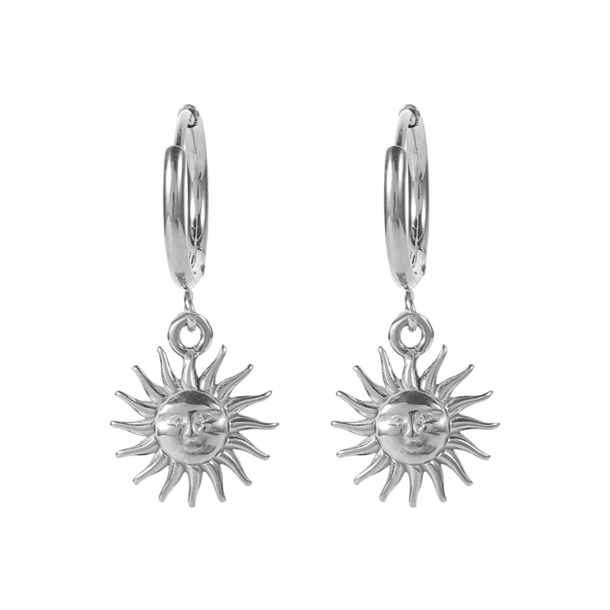 18K Gold Retro Titanium Steel Sun Pendant Hoop Earrings