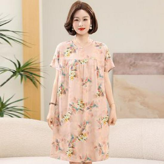 Summer Cotton Silk Knee-Length Floral Dress for Middle-Aged and Elderly Women - Short Sleeved, Lightweight, Plus Size, Loose Fit
