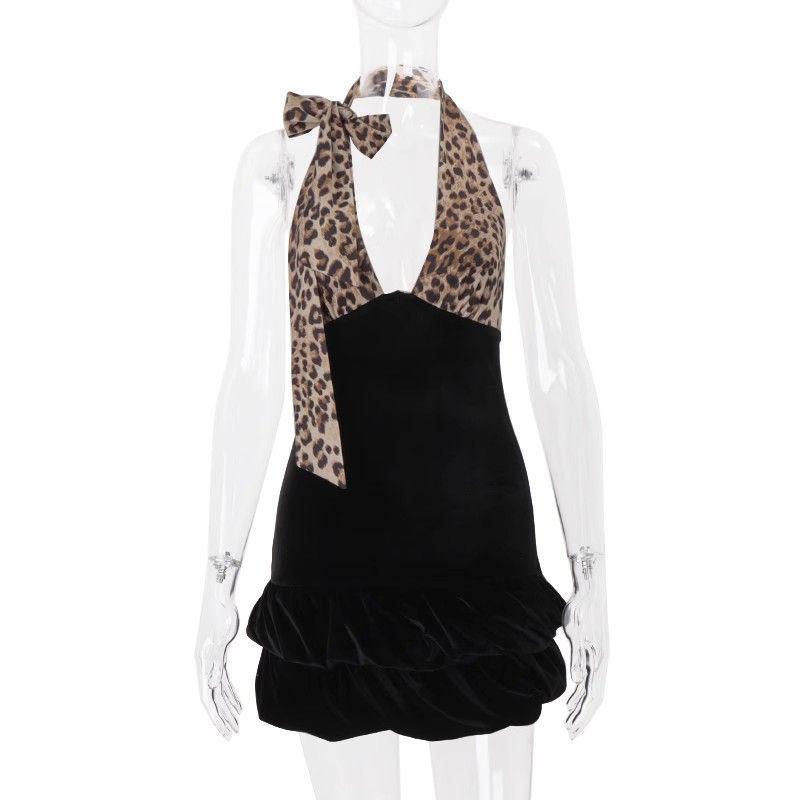 Velvet Leopard Patchwork Halter Mini Dress - Sexy, Slimming, Backless Design