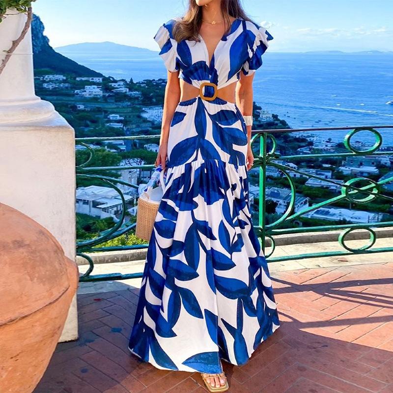 European and American women s clothing, new spring models, printed sexy V-neck lotus leaf sleeve hollow dress S