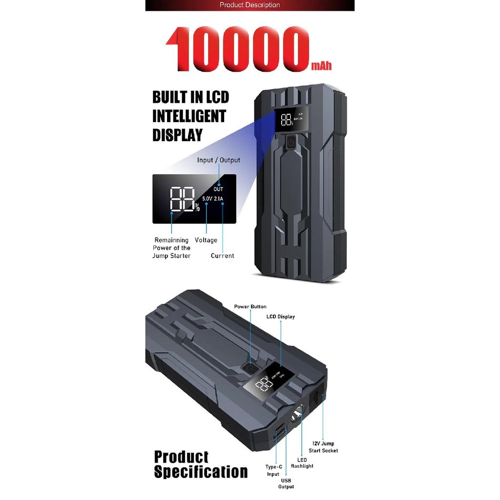 Car Jump Starter 3000A Peak 10000mAh 12V Auto Booster Battery Charger Jumper Box with Display