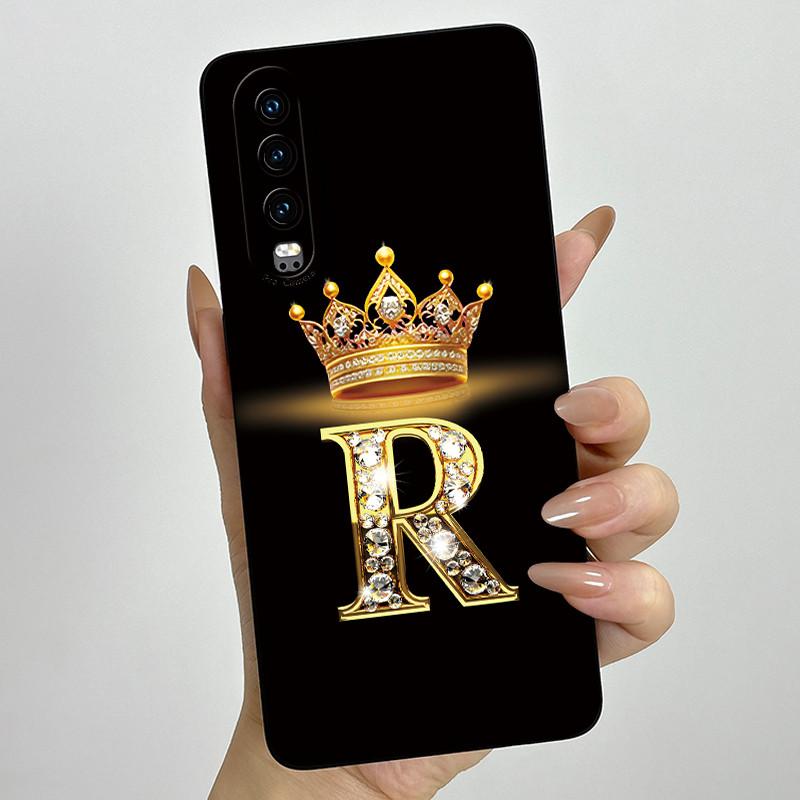 Back Cover For Huawei P30 ELE-L29 P 30 Pro VOG-L29 Crown Initial Letter Phone Case Liquid Soft Silicone Lens Protective Casing