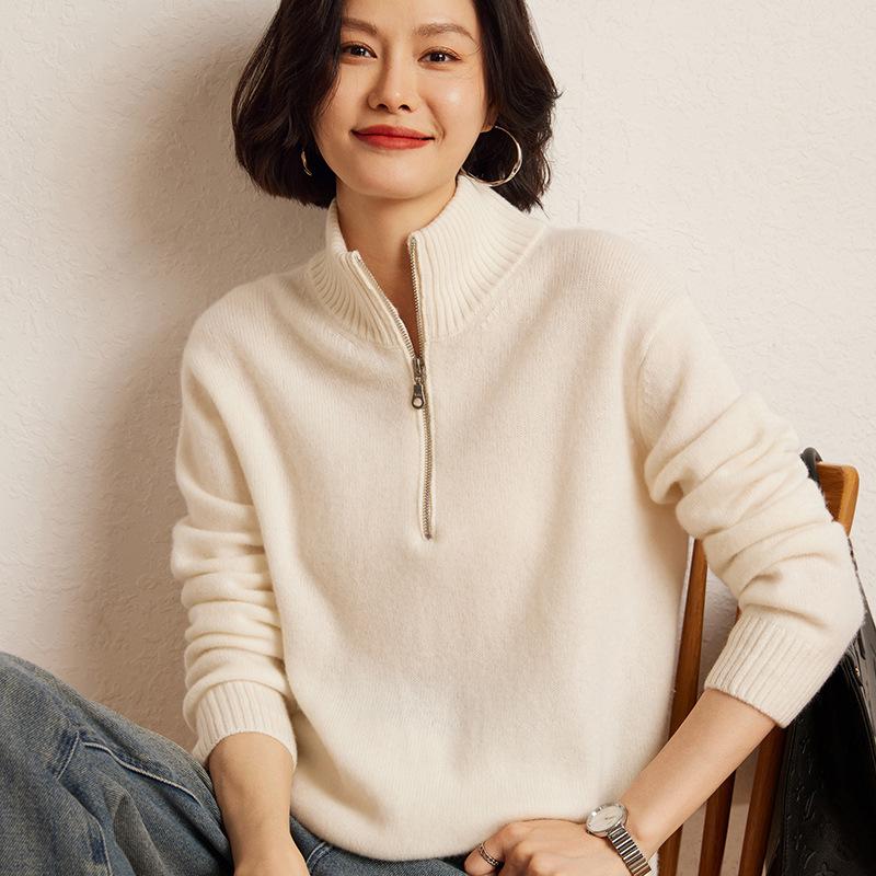 Women's Cashmere Half-Zip Hoodie Sweater - 2024 Autumn/Winter Collection