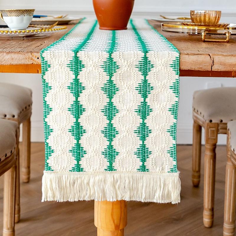 Christmas Table Runner Flag Cotton Woven Desktop Decorations Flags Tablecloths Long Strip Splicing Tassel Christmas Party Decor