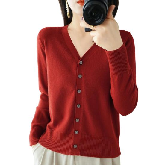 

Женский вязаный свитер с V-образным вырезом, длинным рукавом, на пуговицах, кардиган, однотонный, свободный крой XL красный
