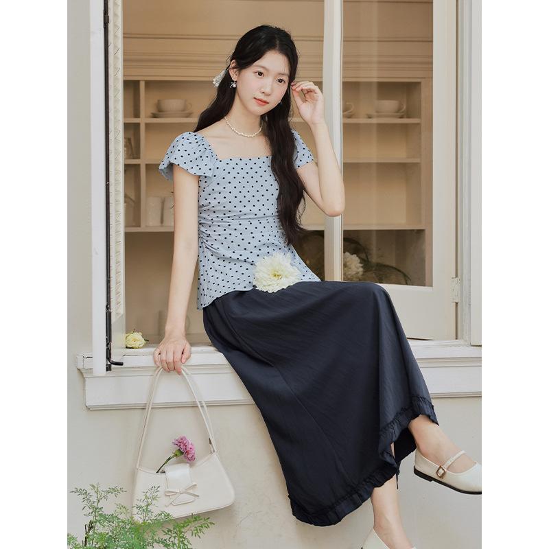 Summer sweet polka dot waist short-sleeved top beautiful shirt + skirt set two-piece set