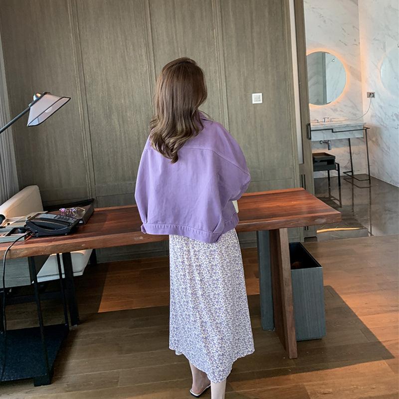 IHUASU Women's Loose Thin Purple Denim Short Jacket Autumn and Winter Casual Tops