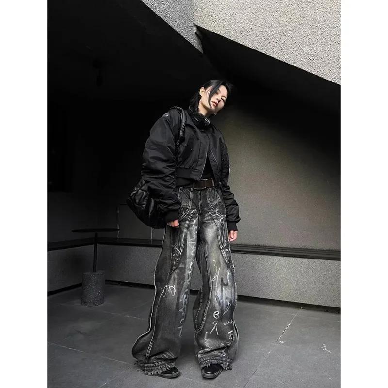 Women Black Gothic Y2k Graffiti Jeans Vintage Hip-hop Baggy Aesthetic Washing Fashion Striped Pants Korean Trashy Denim Trousers
