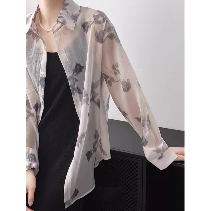 Mulberry Silk Loose Breathable National Style Long-sleeved Floral Sunscreen Shirt Summer Thin Versatile Silk Top Women