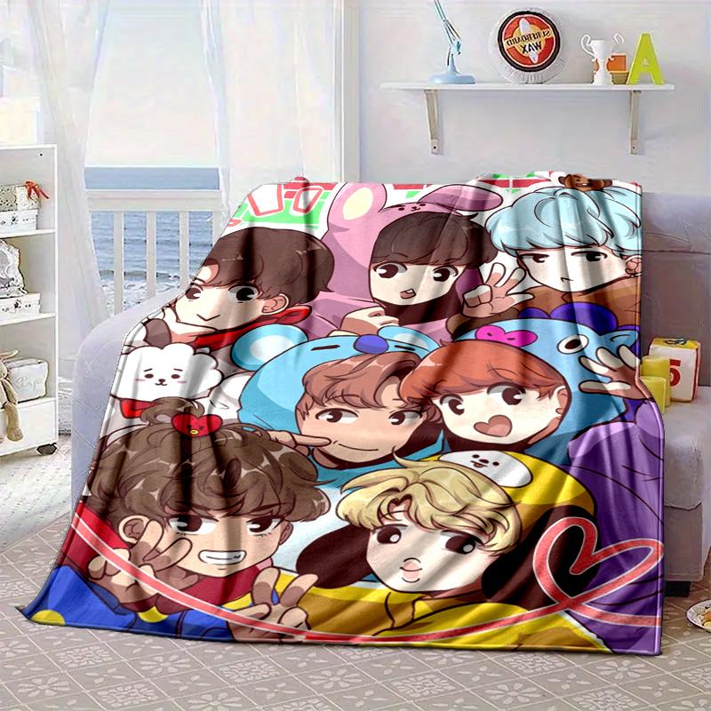Colorful Cartoon kpop Blanket Flannel Blanket for bed, sofa, Camping, Hiking, Picnic Essentials, gift for family Fan gifts