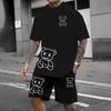 The Summer New Men's Suit Features a Retro Teddy Bear Printed Round-neck T-shirt and Shorts, Knitted Polyester Men's Wear