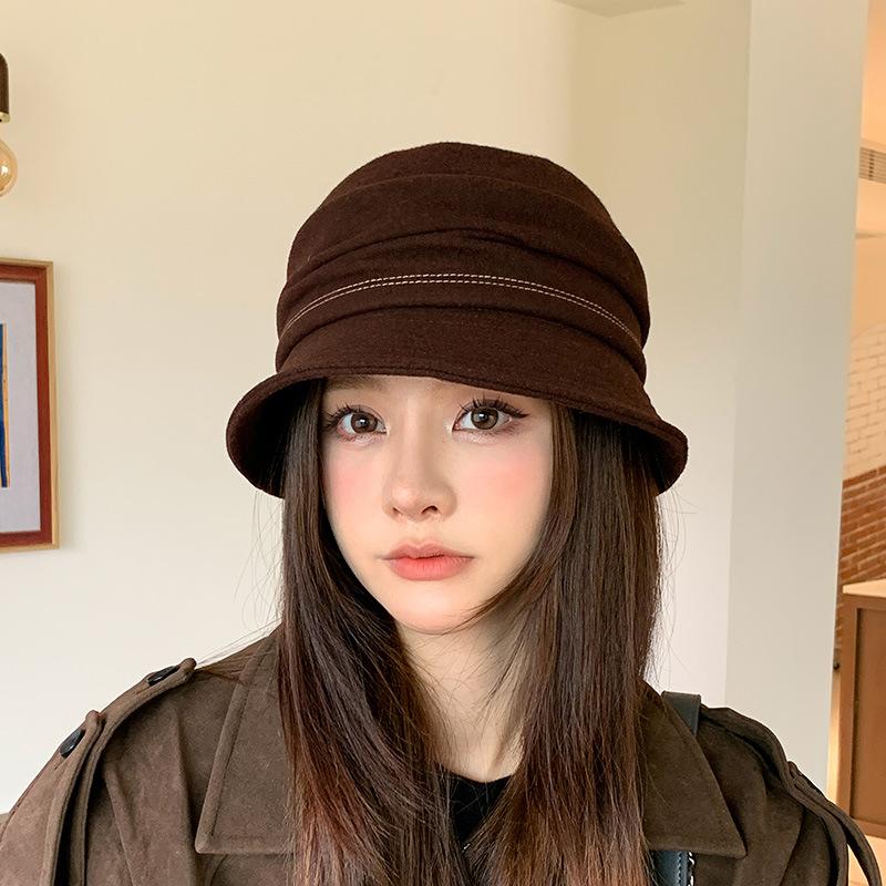 New Literary Style Pleated Bucket Hat Female Face Small Autumn and Winter Retro Woolen Basin Hat Big Head Circumference Sun Hat