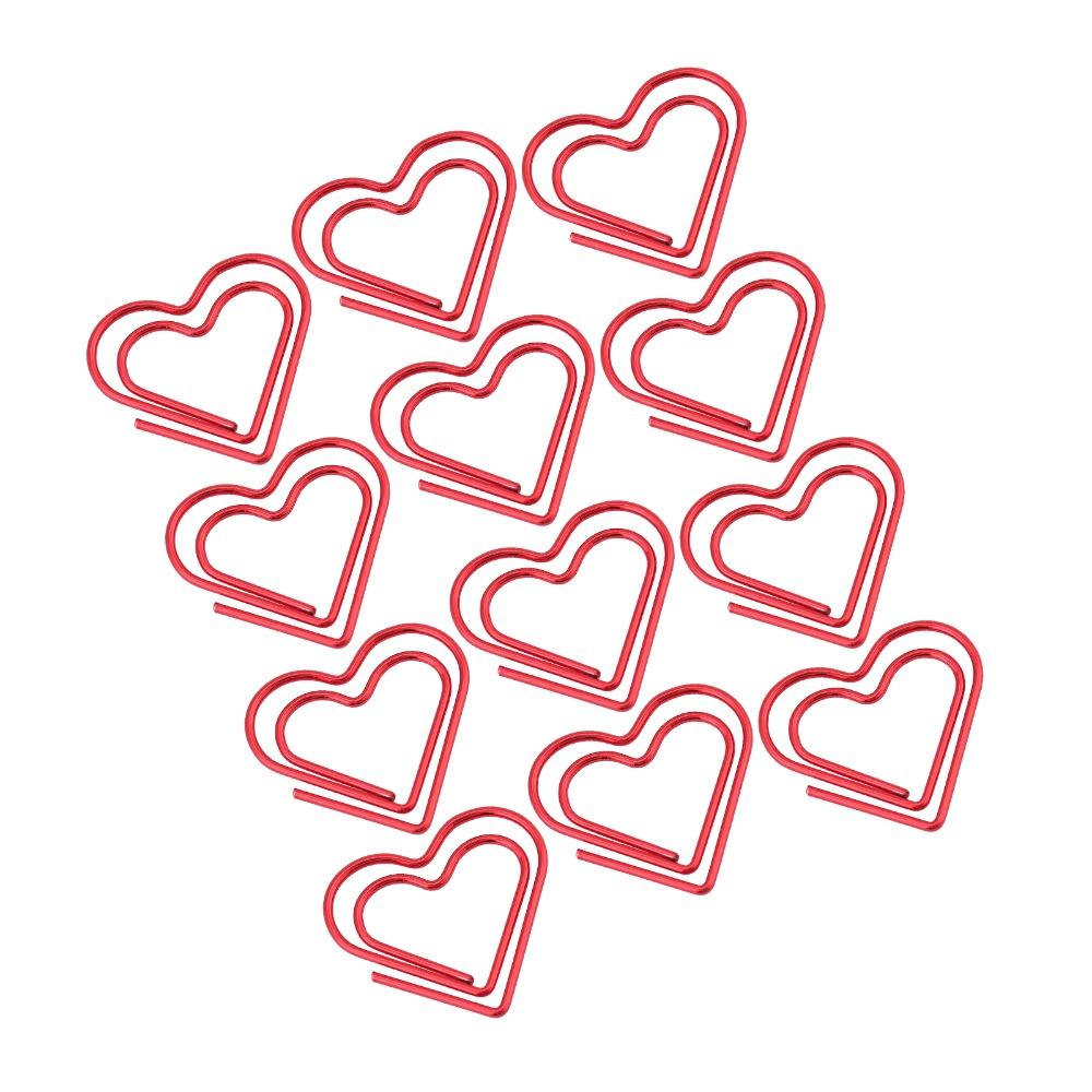 12pcs Red Heart Shape Paper Clips Stainless Steel Transparent Box Stationery Clip Plastic Metal Clips Document Organizing