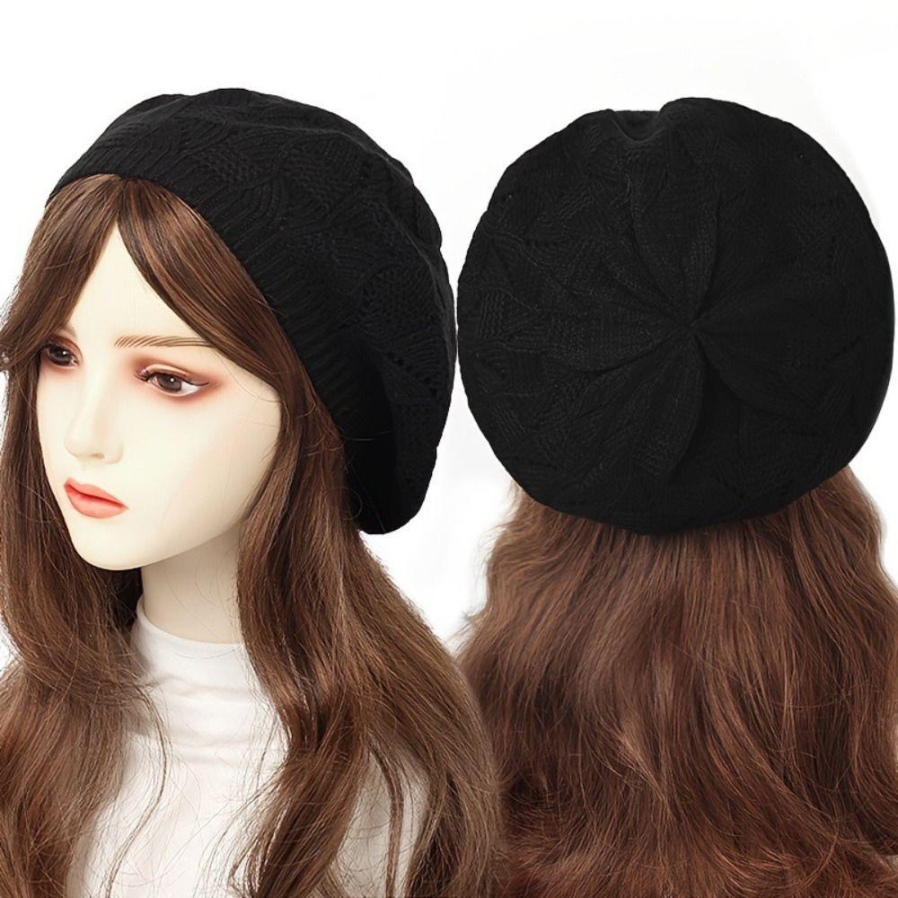 Women's Plain Color Knit Beret Hat Ladies French Artist Beanie Beret Hats Spring Casual Thin Acrylic Berets for Women