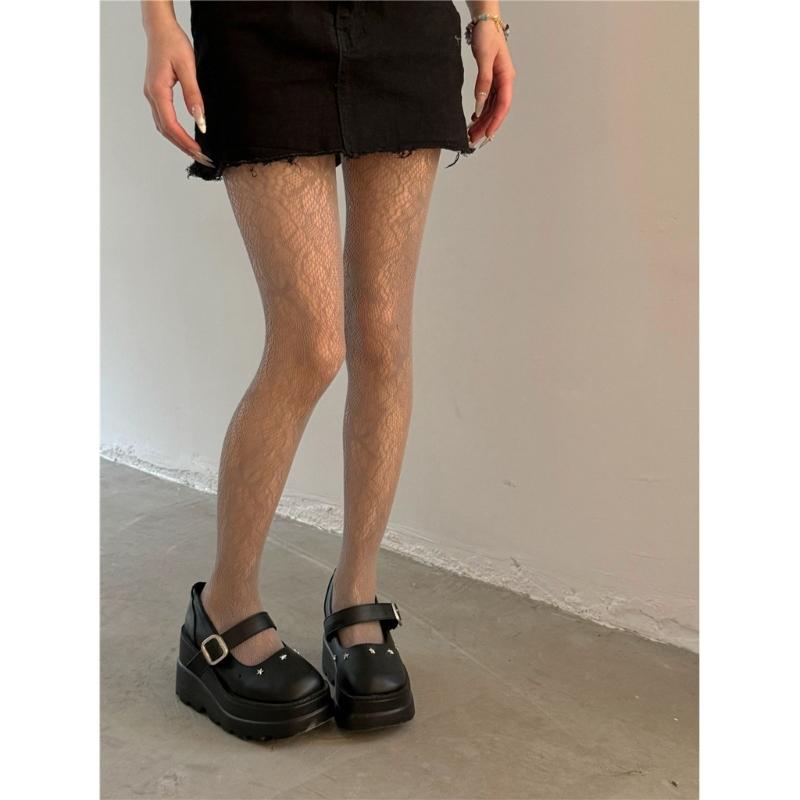 Women Sexy Hollowed Sheer Fishnet Pantyhose Aesthetic Vintage Butterfly Jacquard Patterned Leggings Colored Mesh Tights