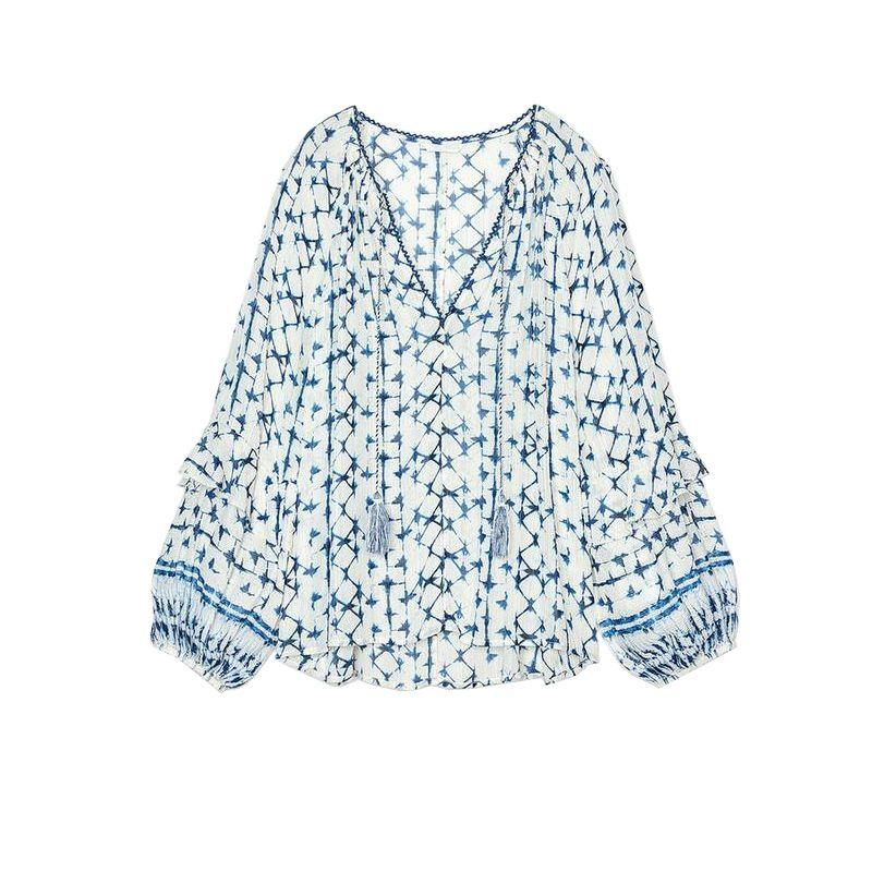 

Summer Women s French Style Laminated Decoration Long Sleeves Metal Color Line Print round Neck Vertical Blouse 1821024 Blue L