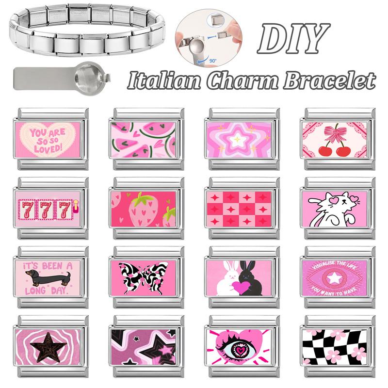 Y2K Pink Series Girls' Eye Rabbit Star Butterfly Cherry Italian Charm Links Fit 9MM Stainless Steel Bracelet DIY Making Jewelry