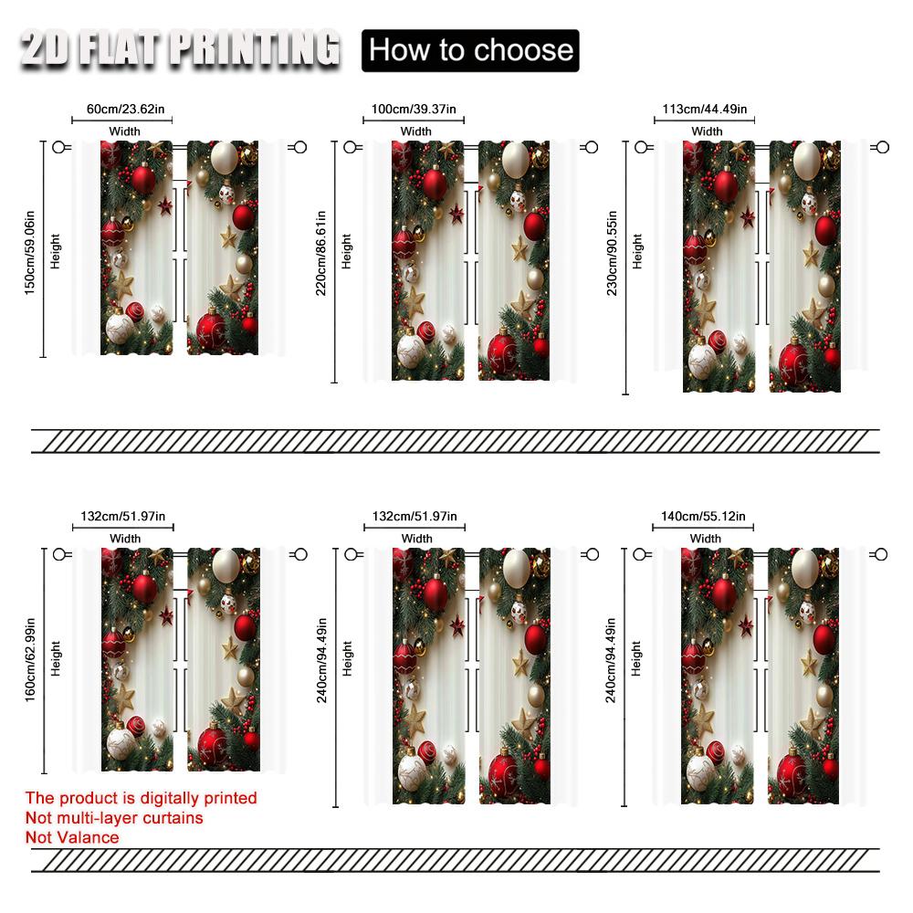 2Pcs Festive Golden And Red Ball Pine Leaves Design Christmas Window Curtains Polyester Rod Pocket Design For Living Room