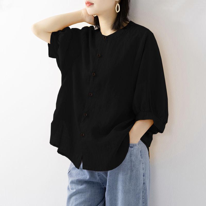 

2024 Women s Cotton Linen Lantern Sleeve Retro Top - Loose Mid-Sleeve Plus Size Blouse M (under approx. 100 jin) чорний