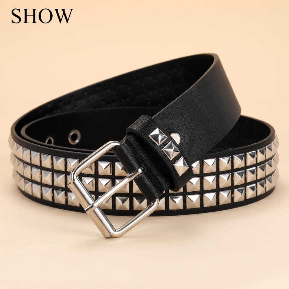 Black Rivet Punk Style Belt with Bright Metal Pyramid Decoration, Suitable for Men and Women