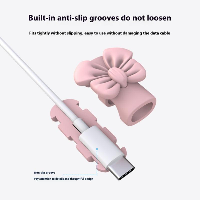 2 Pairs Silicone Charging Cable Protectors with Bowknot Design Fashionable Phone Accessories Wire End Guards for Cord