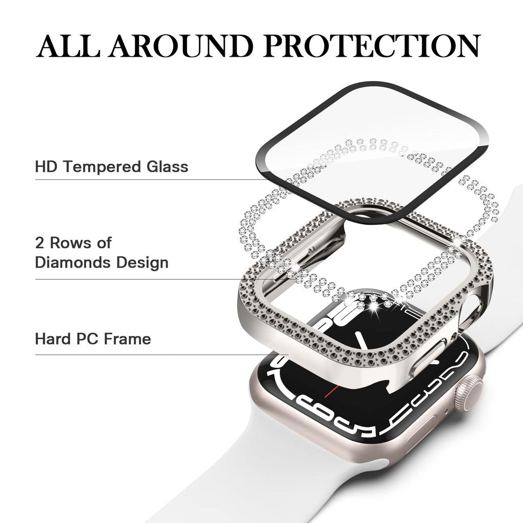 Glass+Diamond Cover For Apple Watch Case 46mm 40mm 44mm 41mm 42mm 45mm Bling Bumper Protector iWatch Series 11 10 9 SE 7 8 Case