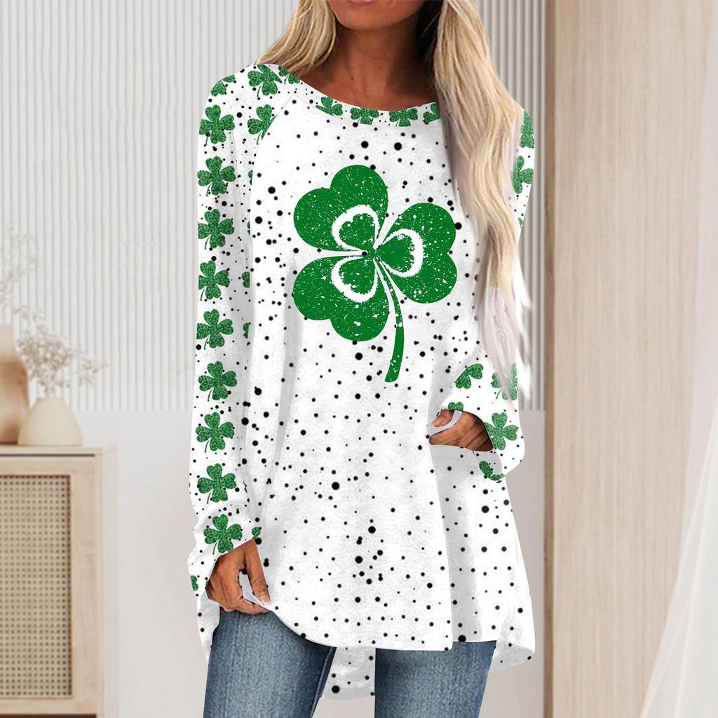 Fashionable Women's Casual Loose Round Neck Long Sleeved Saint Patrick Printed T-shirt Top