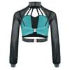 Girls Dance Performance Top Color Block Design Mock Neck Sheer Mesh Sleeves Back Cutout Rhinestone Crop