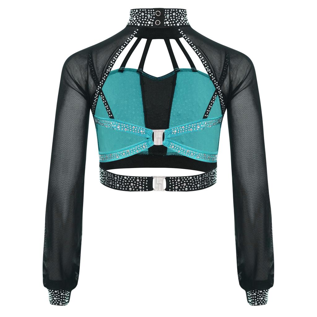 Girls Dance Performance Top Color Block Design Mock Neck Sheer Mesh Sleeves Back Cutout Rhinestone Crop