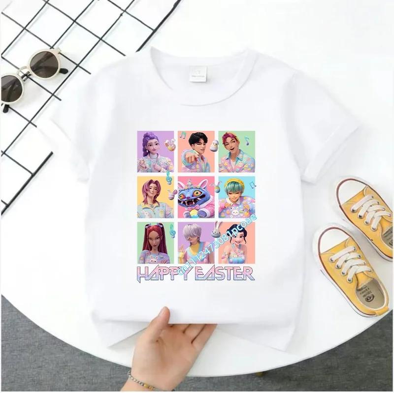 Summer Short-sleeved Cute Style Series K-pop Demon Hunters Children's Polyester T-shirt for Girls, Cute Sports Shirt for Girls