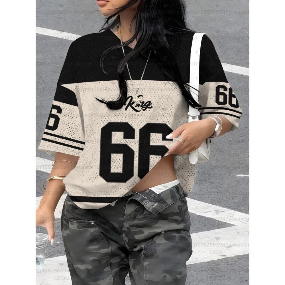 

Women s King No.66 Print V-Neck Short Sleeve T-Shirt Summer Graphic Tee Hole Mesh Jerseys Plus Size Sport T-Shirt S
