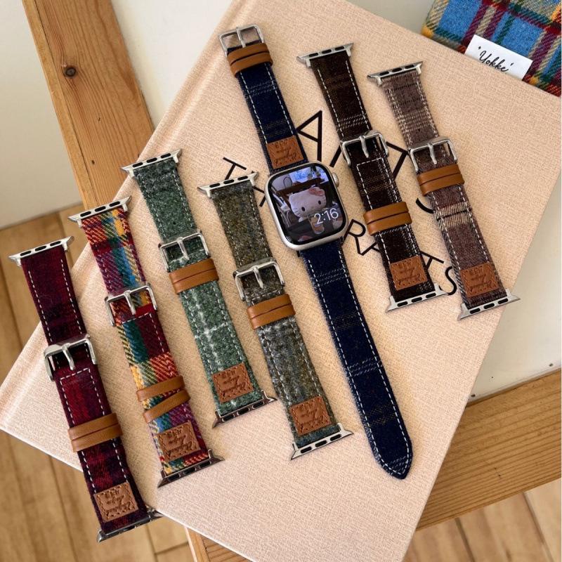 Colorful Woolen Plaid Leather Strap for Apple Watch Series 10/9/8/7/SE