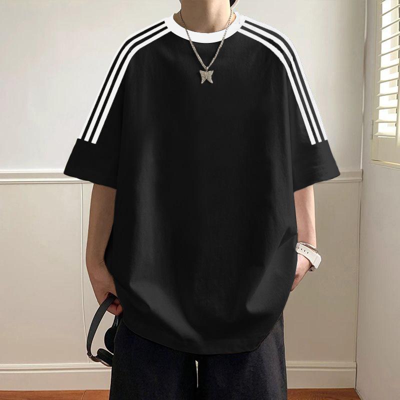 

Solid Color Student Short Sleeved T-shirt for Men s Summer Ins Trendy Brand Classic Three Bar Raglan Sleeves Loose Casual Couple T-shirt M