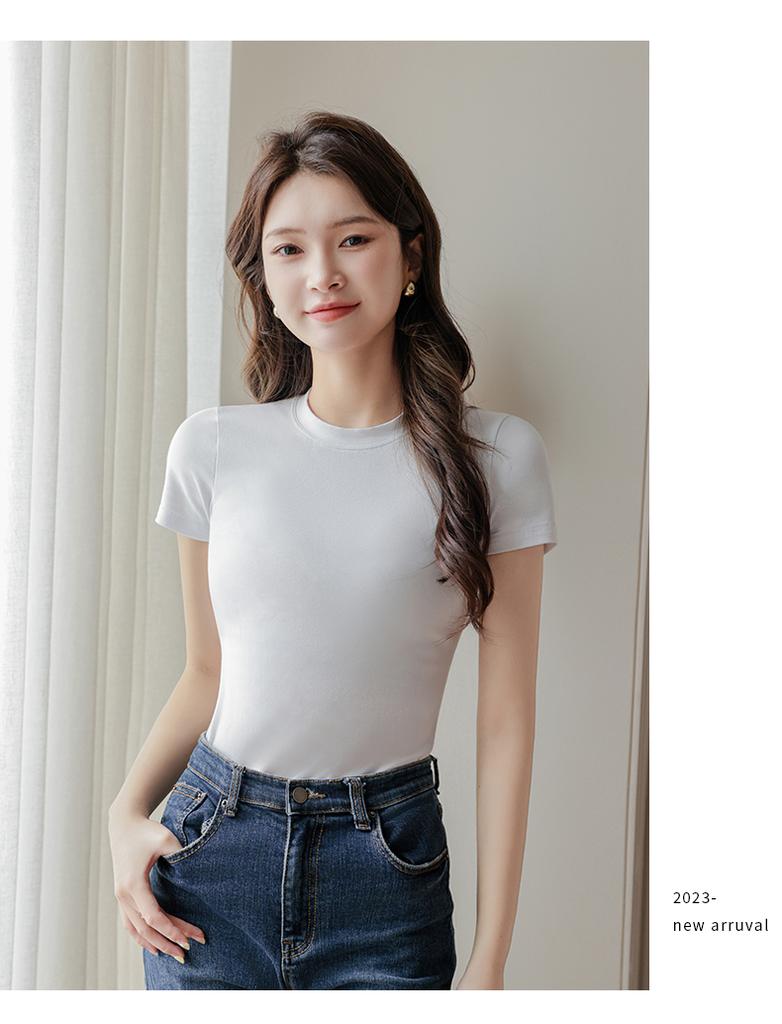 Pure cotton shoulder short sleeved T-shirt for women, slim fit and tight fitting, pure cotton white semi high neck top, solid color JS