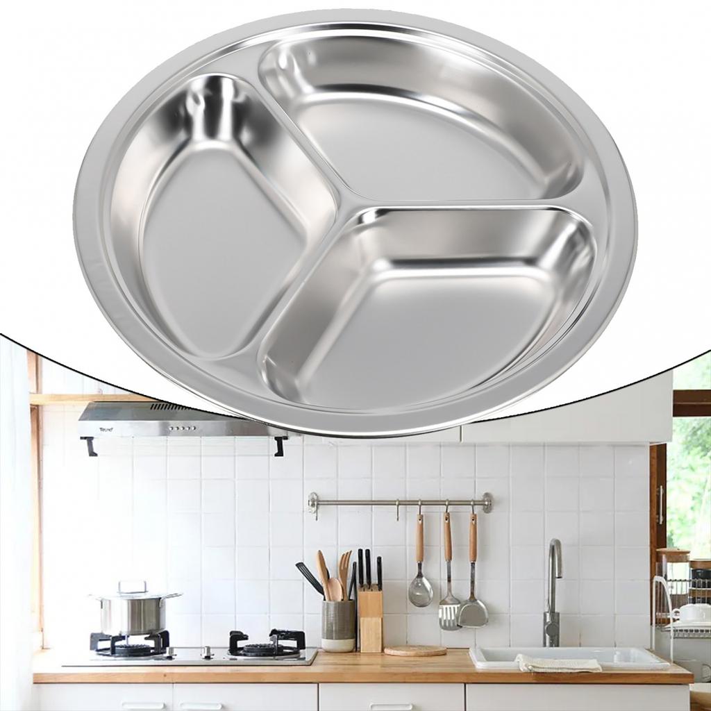 Stainless Steel Plate Dish Round Divided Food Dinner Camping Picnic Tableware