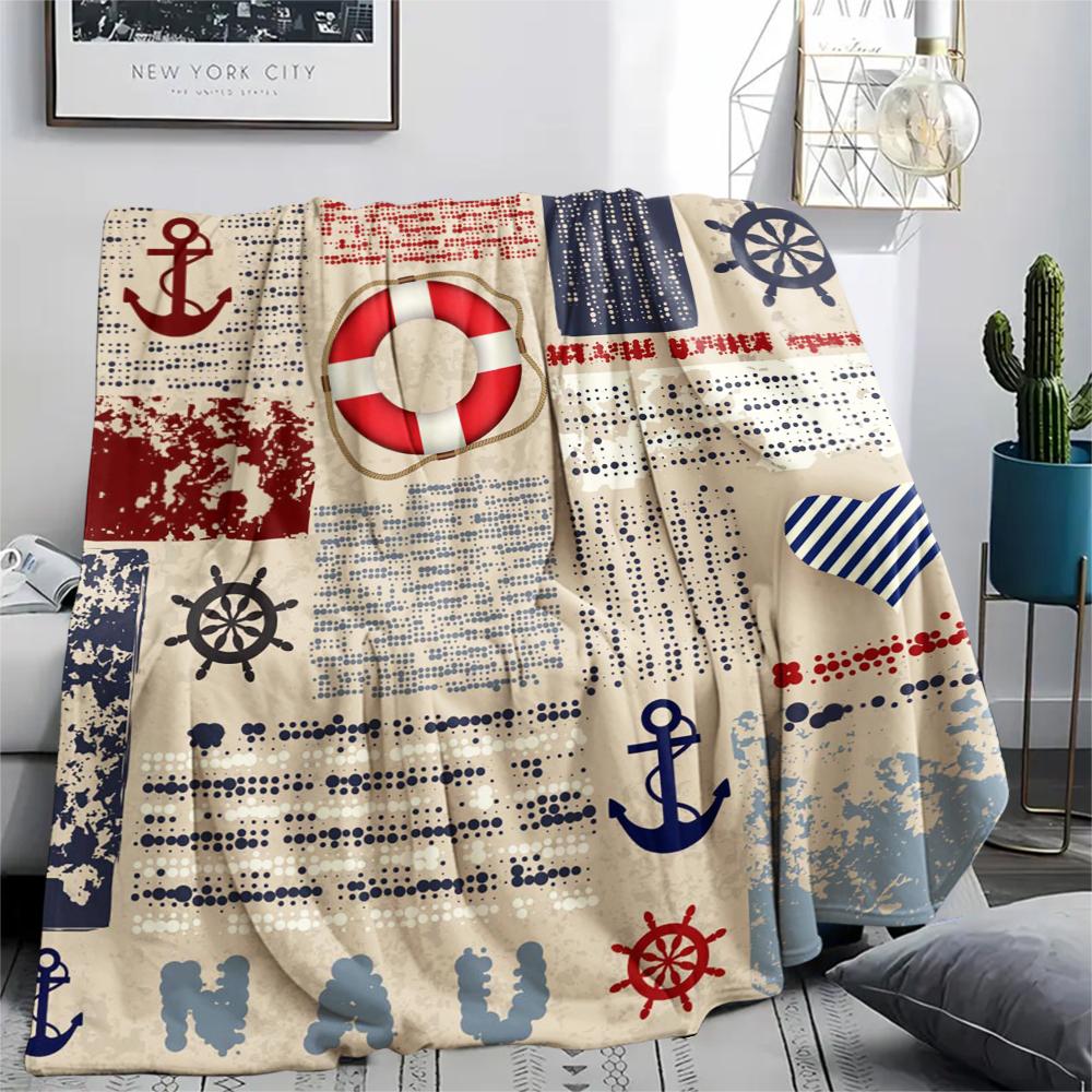 1Pc Nautical Theme Print Flannel Blanket, High quality Comfortable for All Seasons, Home Decor, Warmth and Comfort, Perfect for Christmas Gifts