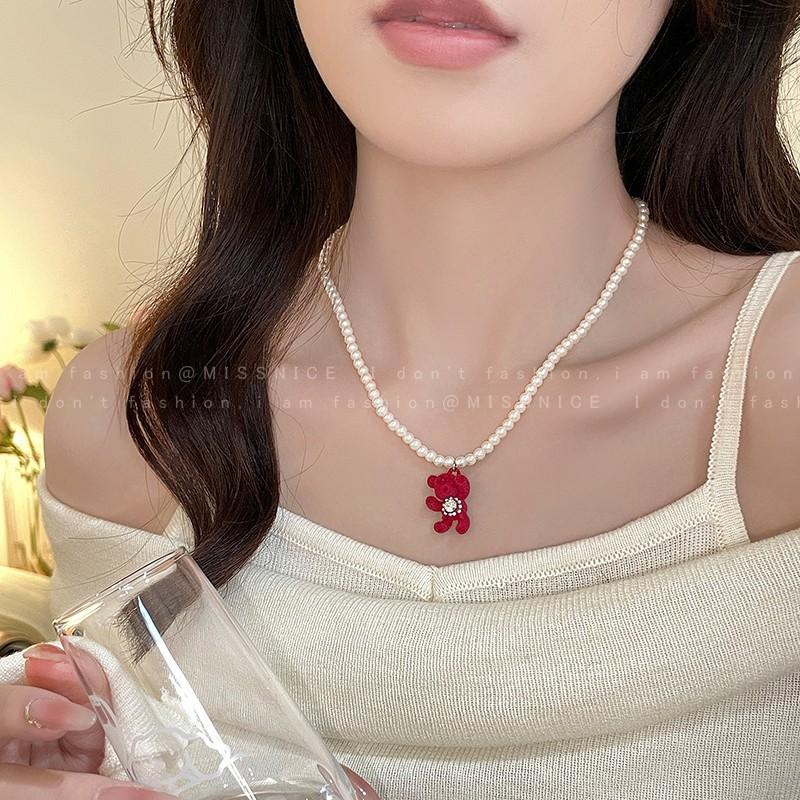 Cute Cartoon Flocked Bear Pendant Necklace Women's Accessories Light Luxury Niche Collarbone Chain Versatile High-end Sweater Chain