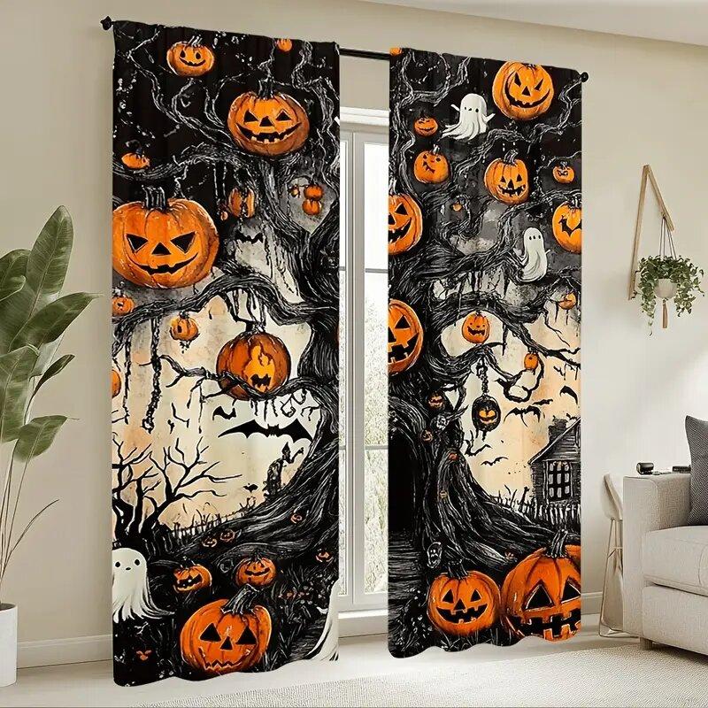 2PCS- Halloween Ghost Pumpkin Pattern Printed Curtains   Window Decorations   Home Decorations   Room Decorations