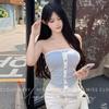 Off-the-Shoulder Dongdaemun Bandeau: Spring/Summer Color-Block Tank with Buttons - Chic Korean Style, Pure Desire.