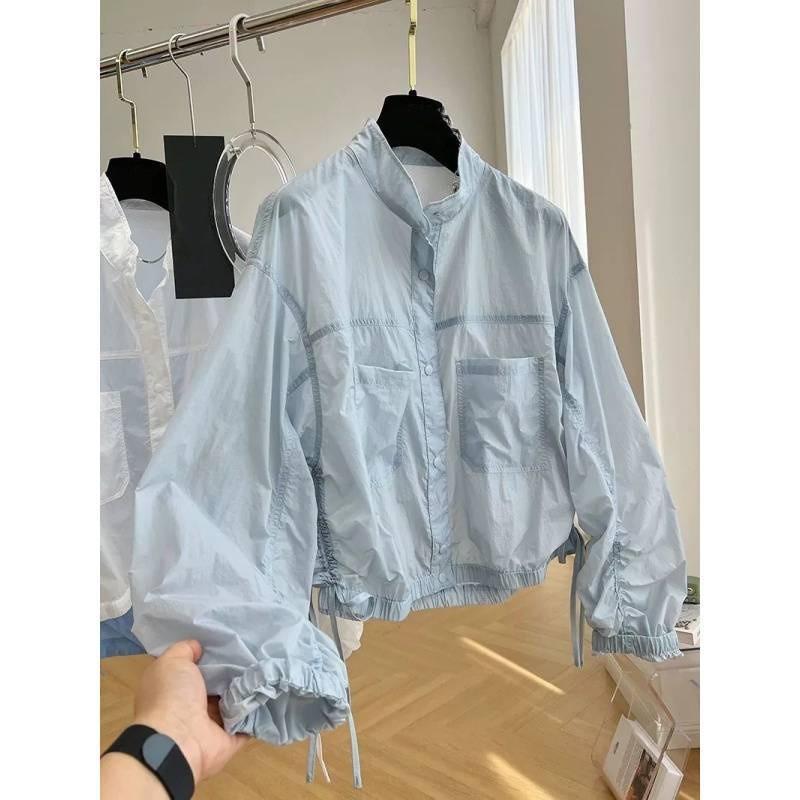 

Women s Spring/Summer Vintage Drawstring Pleated Casual Stand Collar Single-Breasted Lightweight Sun Protection Jacket XXS