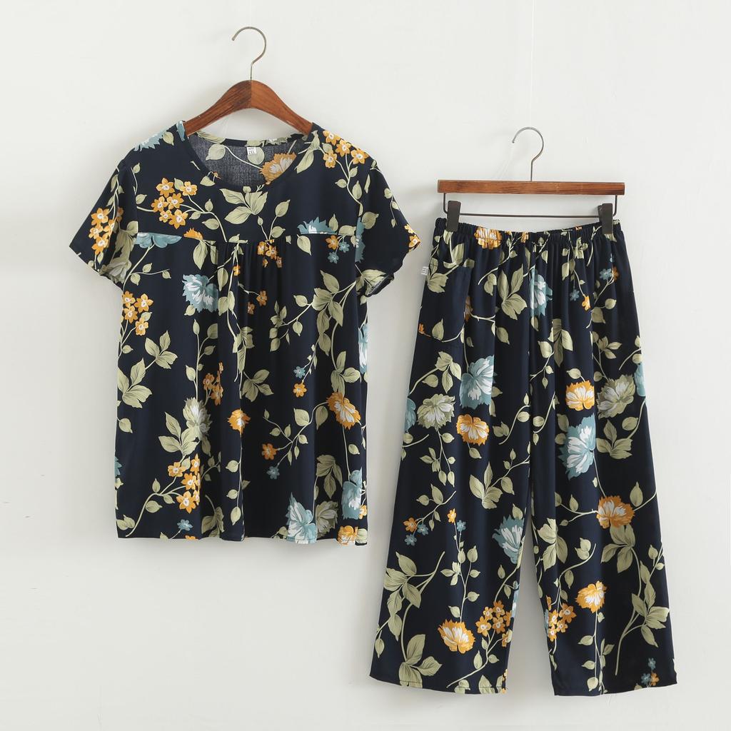 Baumwollseidenset Kurzarm-Caprihose für Damen mittleren Alters und ältere Frauen im Sommer, dünnes Oberteil, cooles Zuhause