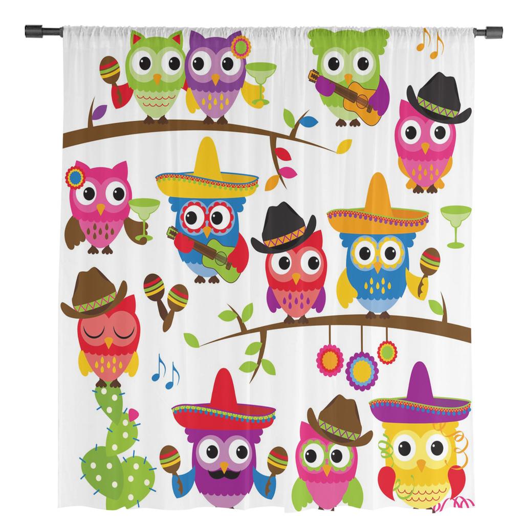 Colorful Owl Cactus Music Guitar Chiffon Sheer Curtains for Living Room Bedroom Home Decor Window Voile Tulle Curtain Drapes