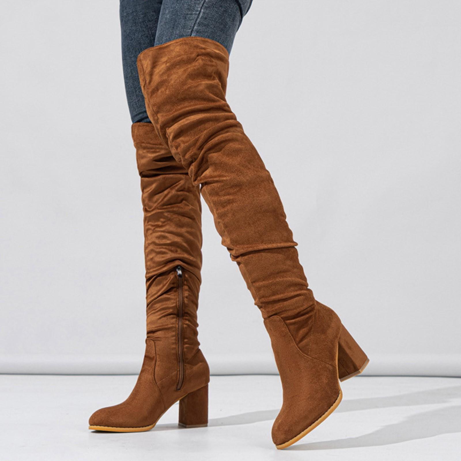 

Women Boots With Heels Knee High Women S Fashion Knee Length Boots Chunky High Heel Over Knee Suede Long Fashion Shoes For Woman 41 коричневий