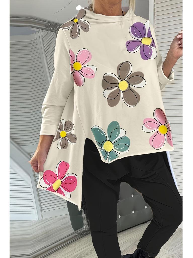 Übergröße Waldblumen Lockerer Schnitt Unregelmäßiger Saum T-Shirt