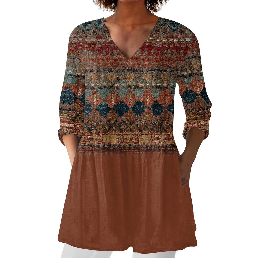 Dámská móda Tištěný V výstřih 3/4 rukáv Kapsa Ležérní Volný střih Svetr Top