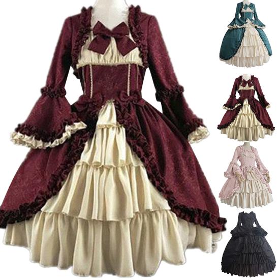 Lady Retro Square Neck Tight Waist Bowknot Medieval Dress Cosplay Party Costume